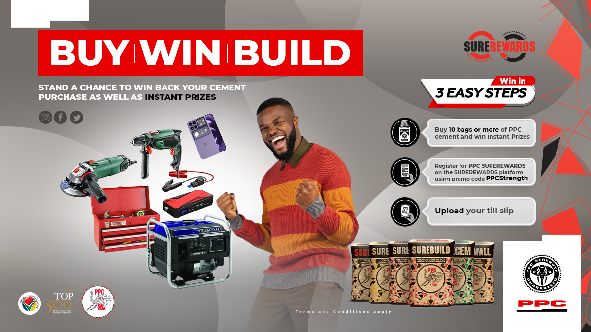 PPC_Africa's tweet photo. #BuyWinBuild Stand a chance to win back your cement purchase as well as instant prizes when you buy 10 bags or more of PPC cement and upload your till slip to the SUREREWARDS platform using the promo code: PPCStrength https://t.co/ue54szBXQI