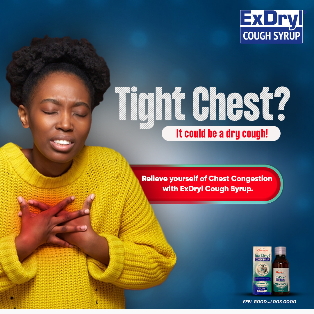 chemironcare's tweet photo. Most people have a feeling of chest tightness with a dry cough. You may feel a squeezing sensation in the chest or pressure, like there’s a weight on your chest.
Relieve yourself and beat the cough with ExDryl Cough Syrup
#ExDryl #CoughSyrup #TightChest #DryCough #ChemironCares https://t.co/JV8PA7RVpz