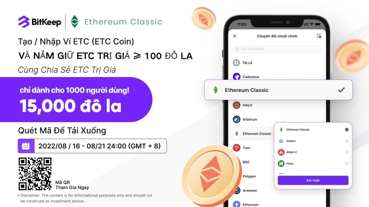 🔥BitKeep tự hào thông báo rằng họ đã thêm Ethereum Classic (ETC)- một cơ sở hạ tầng DeFi hiệu suất cao-  vào danh sách các mạng chính được hỗ trợ của nền tảng của mình.
📍Để chào mừng sự kiện này, Bitkeep sẽ Airdrop ETC lên tới $15.000 ETC