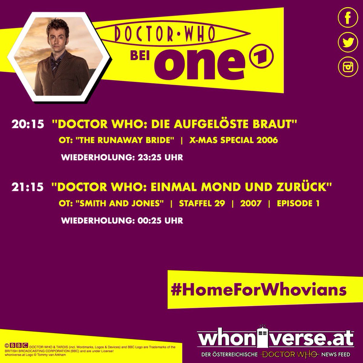 whoniverse_at's tweet photo. „Doctor Who“ im TV!
Heute Abend, ab 20:15 Uhr auf one ARD - #HomeForWhovians

#whoniverse_at #DoctorWho #TARDIS #TimeLord #BBC
#Series29 #10thDoctor #DavidTennant #AllonsY #NewWho #oneARD
#AustrianDoctorWhoNewsFeed https://t.co/K66X1cmsZw