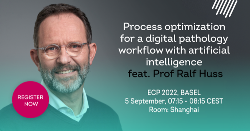 Visiopharm's tweet photo. Want to learn how existing manual processes in the histopathology lab can be optimized to introduce digitalization and AI-assisted decision support? Join our experts on 5 September for our breakfast symposium at #ECP2022Basel.