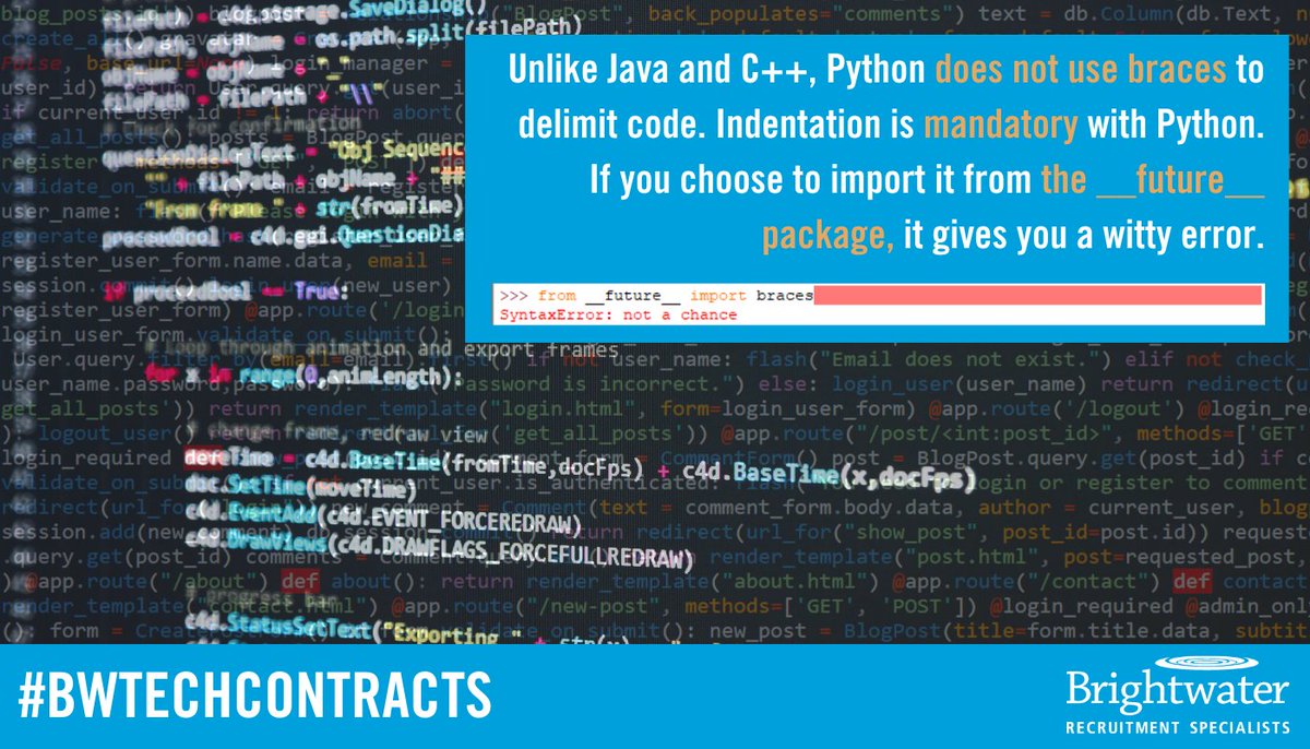 brightwater98's tweet photo. So Python writers have a sense of humour! If you want to be part of the fun, take a look at the #pythonjobs (perm & contract) we have available across a myriad of sectors including financial services and healthcare. https://t.co/Bz6nlABpGE π
#pythonfact #BWTechnology https://t.co/5KX5MX9H6L