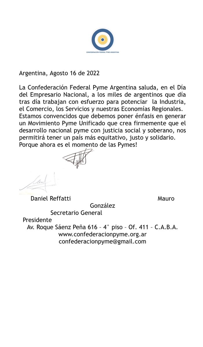 La Confederación Federal Pyme Argentina saluda, en el Día del Empresario Nacional, a los miles de argentinos que día tras día trabajan con esfuerzo para potenciar  la Industria, el Comercio, los Servicios y nuestras Economías Regionales.
Ahora es el momento de las Pymes!