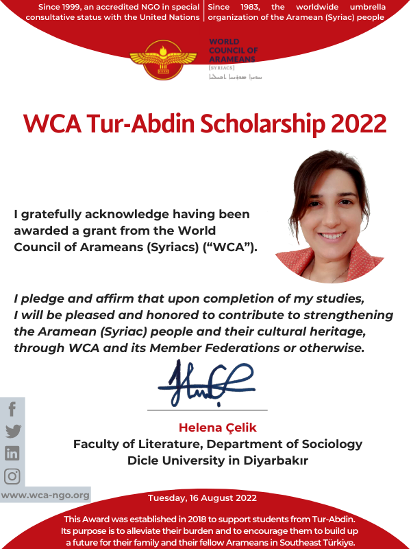 wca_ngo's tweet photo. CONGRATS: Helena from #Arkah (#Harabale #Üçköy) who studies sociology in #Diyarbakir received 8th WCA #TurAbdin Scholarship this year!💪
Supporting #Aramean students in #SoutheastTurkey is one way we encourage our youth to stay connected to & build up a future in homeland!❤️💛 https://t.co/dTU739Dwdh