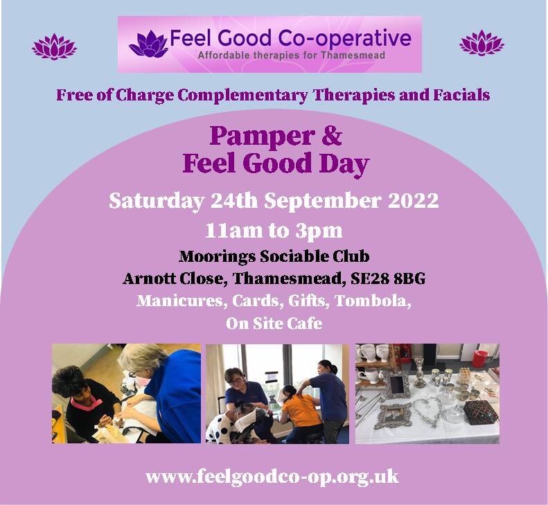 FeelGoodCoop's tweet photo. On Saturday 24th September 2022, we are hosting our Pamper &amp; Feel Good Day at Mooring Sociable Club, Arnott Close, Thamesmead, SE28 8BG from 11am - 3pm.

For more details contact us on: 07908 034081 

#pamperandfeelgoodday #wellnessevents
#thamesmead https://t.co/mBBwQB1wXY