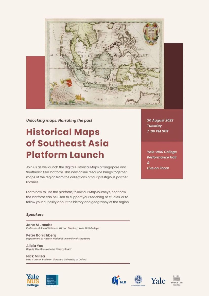 Join the launch of the Historical Maps of Southeast Asia Platform on August 30. An international project from <a href="/yalenus/">Synecdoche, Pookie</a> with maps from @UBLeiden <a href="/bodleianlibs/">Bodleian Libraries</a> <a href="/yalelibrary/">Yale University Library</a> and <a href="/nlbsingapore/">NLBSingapore</a> 
yale-nus.edu.sg/events/unlocki…