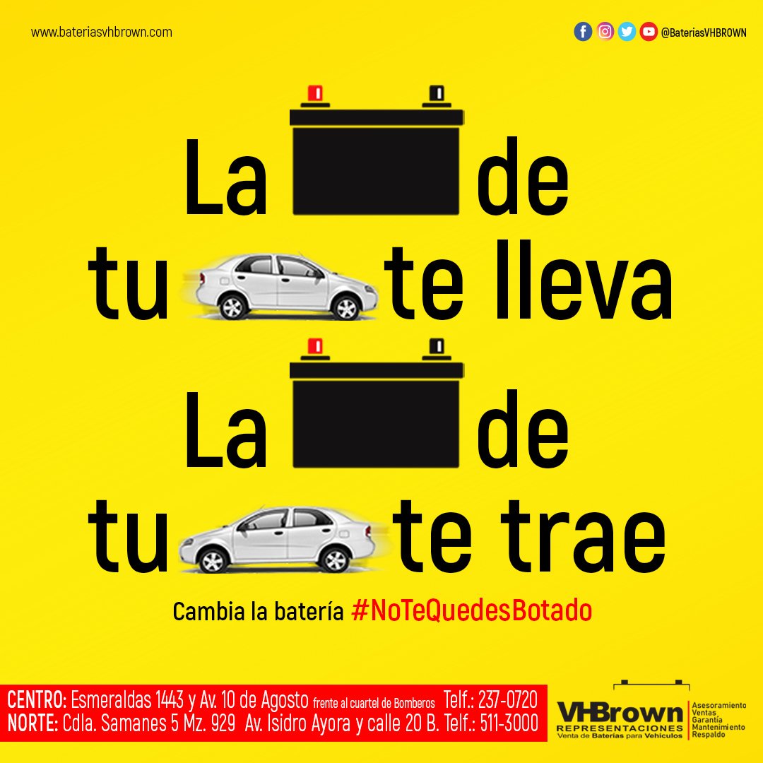 BateriasVHBROWN's tweet photo. La #batería de tu carro #Telleva y #TeTrae si necesitas batería
piensa en #VHBROWN #Guayaquil #Sambo #NoTeQuedesBotado
🛵 A domicilio: llama, escribe consulta y vamos al 0984617080 - 0999844310
#Ecuador #Moura #adomicilio #SinRecargoExtra #mantenimientogratuito https://t.co/7mIZThkob6
