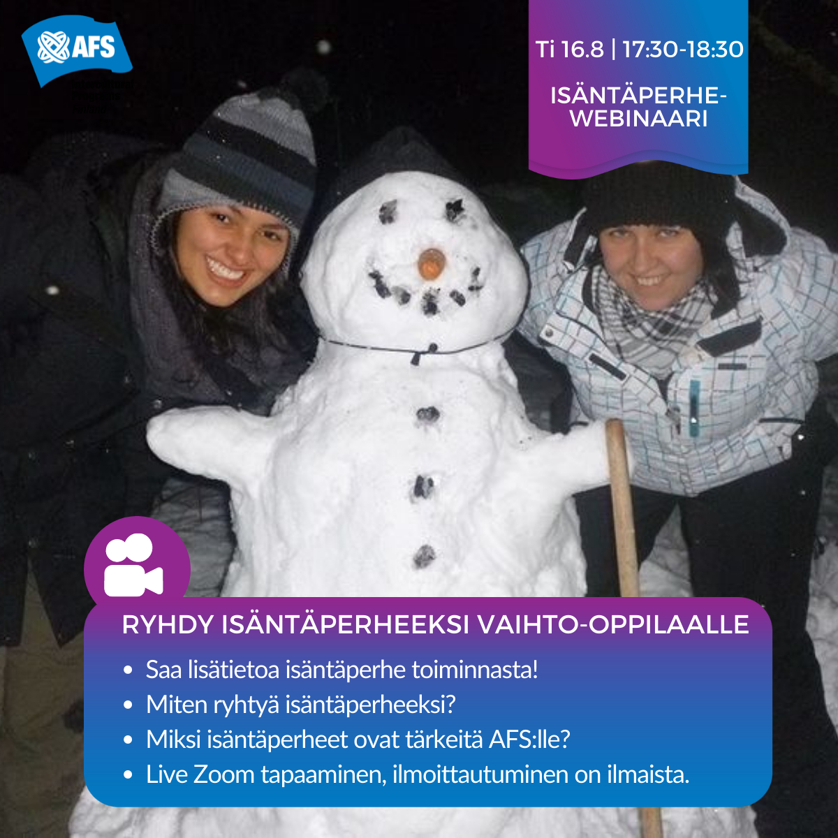 AFSFinland's tweet photo. Tänään Ti 16.8 klo 17:30-18:30 isäntäperhe-webinaari missä meidän ihana AFS isäntäperhe kertoo kokemuksistaan isäntäperheenä. ❤️

Ehdit vielä ilmoittautua mukaan webinaariin täältä: https://t.co/zMUzL3ap7c⁣⁣⁣

#isäntäperheeksi #vaihtooppilas #afs #vaihtooppilaskotiin https://t.co/LoM5gLfKo9