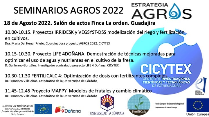 Seminario en CICYTEX sobre fertilización de cultivos. Finca La Orden (Badajoz). 18 de agosto de 2022. Organizado por <a href="/RiegoyNutricion/">riegoyfertilizacion</a>
El catedrático Francisco Villalobos <a href="/ETSIAMCordoba/">ETSIAM - UCO</a>, presentará dos proyectos  sobre modelos y optimización para la fertilización en cultivos.