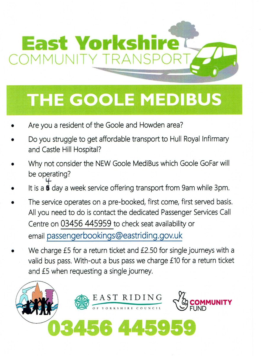 eastyorksct's tweet photo. Do you live in the Goole/Howden area? Did you know about the. #Medibus @GooleGoFar run door to door services for hospital appointments to #Hullroyal #Castlehill Monday to Thursday (sorry no Friday service)
To book just ring 03456445959 #eastyorkshire #supportingourcommunity 🚌 https://t.co/rkCEcShiSO