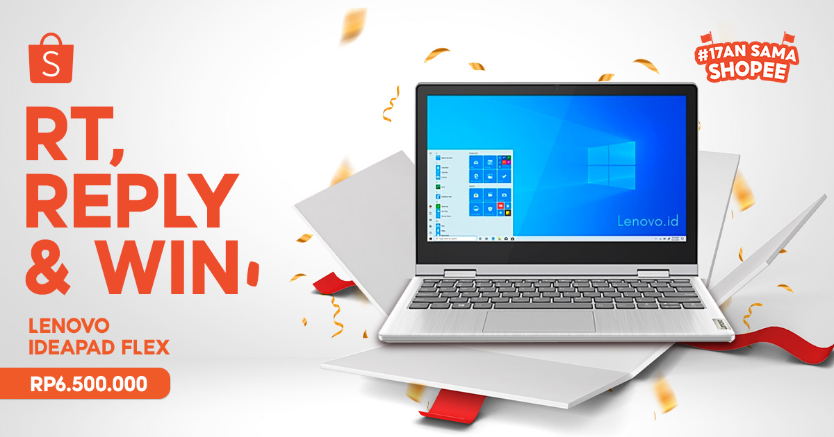 ShopeeID's tweet photo. 🇮🇩 GIVEAWAY LAPTOP LENOVO GRATIS 🇮🇩
 
Di #17anSamaShopee DAY 3 ini, mimin mau GIVEAWAY LENOVO IDEAPAD FLEX senilai 6,5 JUTA nih buat kamu! Caranya:

1. FOLLOW @shopeeid
2. RT &amp; LIKE tweet ini
3. REPLY #17anSamaShopee #ShopeePilihLokal SEBANYAK-BANYAKNYA

Semoga beruntung! 😍 https://t.co/DvLdiE68mt