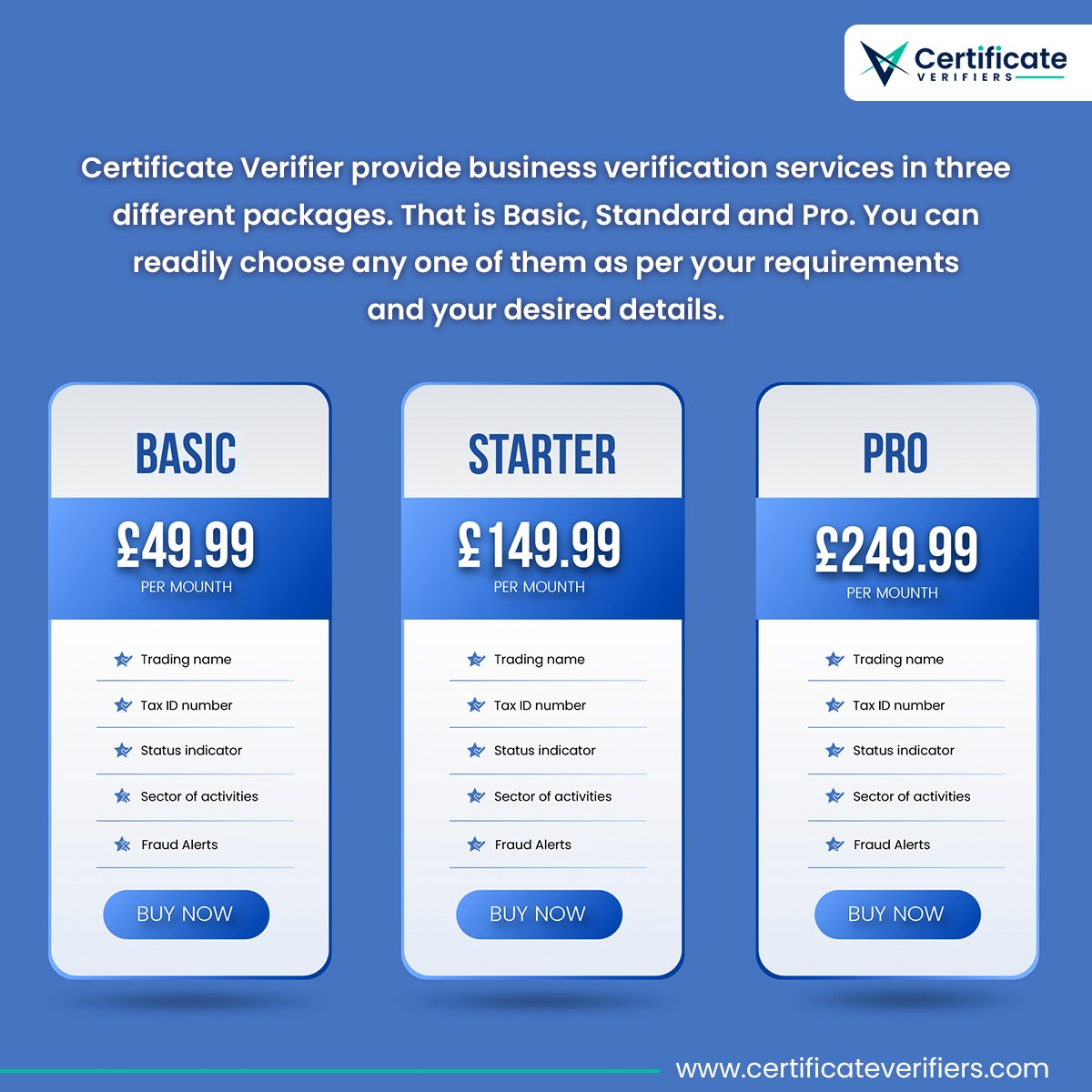 Certificate Verifier provide business verification services in three different packages. That is Basic, Standard and Pro. You can readily choose any one of them as per your requirements and your desired details.

visit: certificateverifiers.com

#onlineverification #Certificate