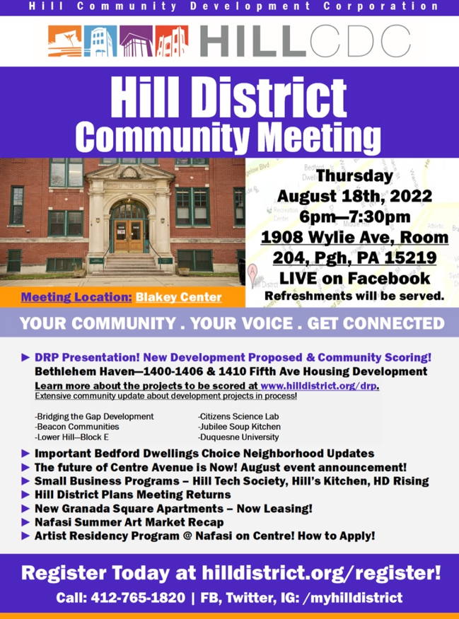 myhilldistrict's tweet photo. Stay in the know about the #HillDistrict! Come to the #HillCDCโs Quarterly Hill District Community Meeting this Thursday at the Blakey Center. Register now, dinner will be served. https://t.co/wvRRxwsUUt https://t.co/7E7LFiSL3U