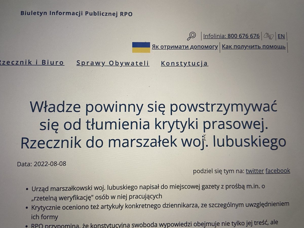 Nowa wiadomość - Rzecznik Praw Obywatelskich powołuje się na stanowisko CMWP SDP w sprawie nacisków na Gazetę Lubuską - została opublikowana na stronie CENTRUM MONITORINGU WOLNOŚCI PRASY - cmwp.sdp.pl/rzecznik-praw-…