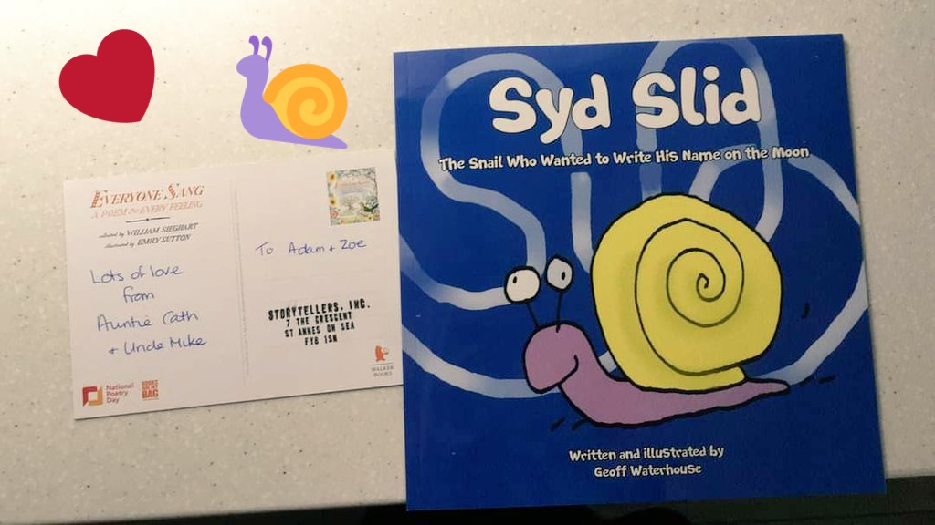 Thank you @storytellersinc for posting this copy of Syd Slid to Adam & Zoe from Uncle Mike & Auntie Cath. They love it! ❤️🐌☺️ @AustinMacauley #sydslid #storybooks #storiesthatrhyme #kudlit #picturebooks #snailsarecool  🐌🐌🐌