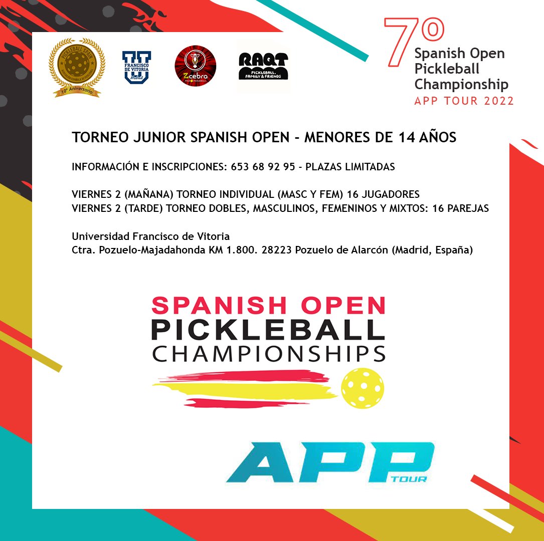 PickleballSpain's tweet photo. ¿Quieres participar en el Torneo Junior del Spanish Open?
Si tienes menos de 14 años puedes jugar el torneo individual, dobles o dobles mixto
No dejes pasar más tiempo, plazas muy limitadas!
#spanishopenpickleball2022 #PickleballSpain #UFVMadrid #zcebra #raqt #apptour #dupr https://t.co/mDNYvULgfH