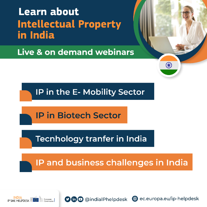 IndiaIPhelpdesk's tweet photo. The India #IPHelpdesk offers IP webinars for European SMEs and entrepreneurs interested in doing business in India 🇮🇳
Choose yours and connect from any device 📱💻 at any time⌚️