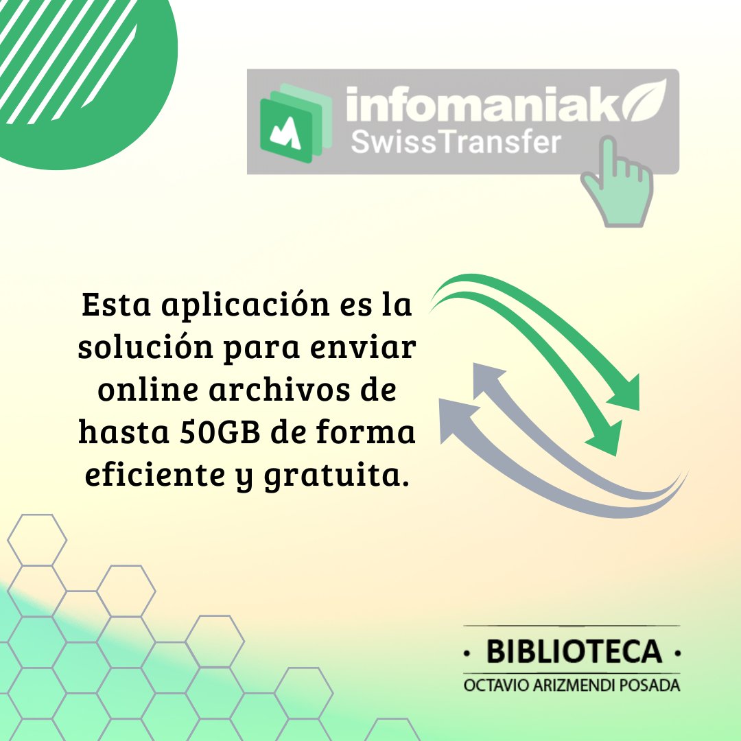 Bibliosabana's tweet photo. ¿Necesitas una aplicación para enviar archivos pesados? ¡No te preocupes! Te presentamos #SwissTransfer. ¡Nuestro #BiblioRecomendado nos cuenta más! ¡Pruébalo ya! https://t.co/qW1yds2so7 😉. https://t.co/vz20BCIWNj