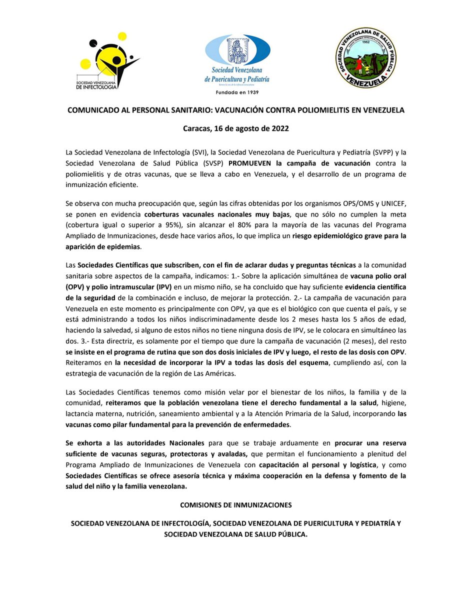 svinfectologia's tweet photo. COMUNICADO AL PERSONAL SANITARIO: VACUNACIÓN CONTRA POLIOMIELITIS EN VENEZUELA 

Caracas, 16 de agosto de 2022

@svinfectologia
@SVPediatria 
@svsp1952 

https://t.co/0twfIKkyrX https://t.co/mvBjx83udj