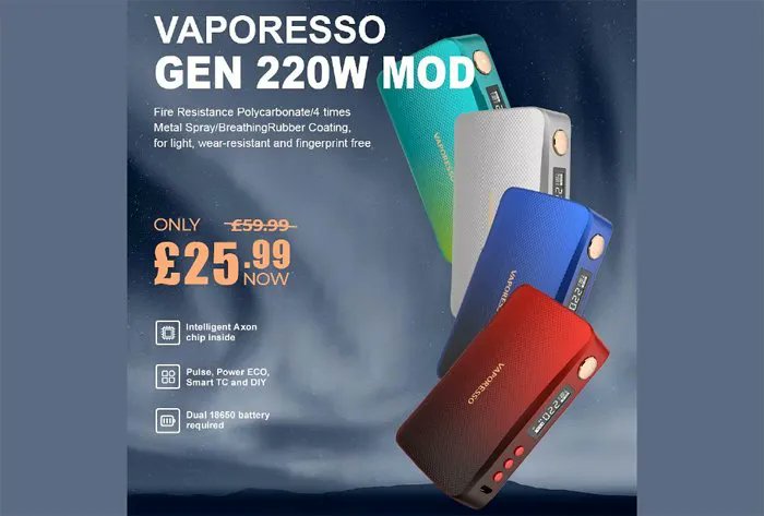 EcigClick's tweet photo. Are you a Vaporesso fan? Fancy a cheap new mod? Grab the Vaporesso Gen 220W Mod for only ยฃ25.99 at New Vaping in their Clearance #Sale. https://t.co/OlLTnVOWty #NewVaping #VaporessoGen #Vaporesso #Bargain #VapeDeal #Ecigclick https://t.co/MgiWFTQwgl
