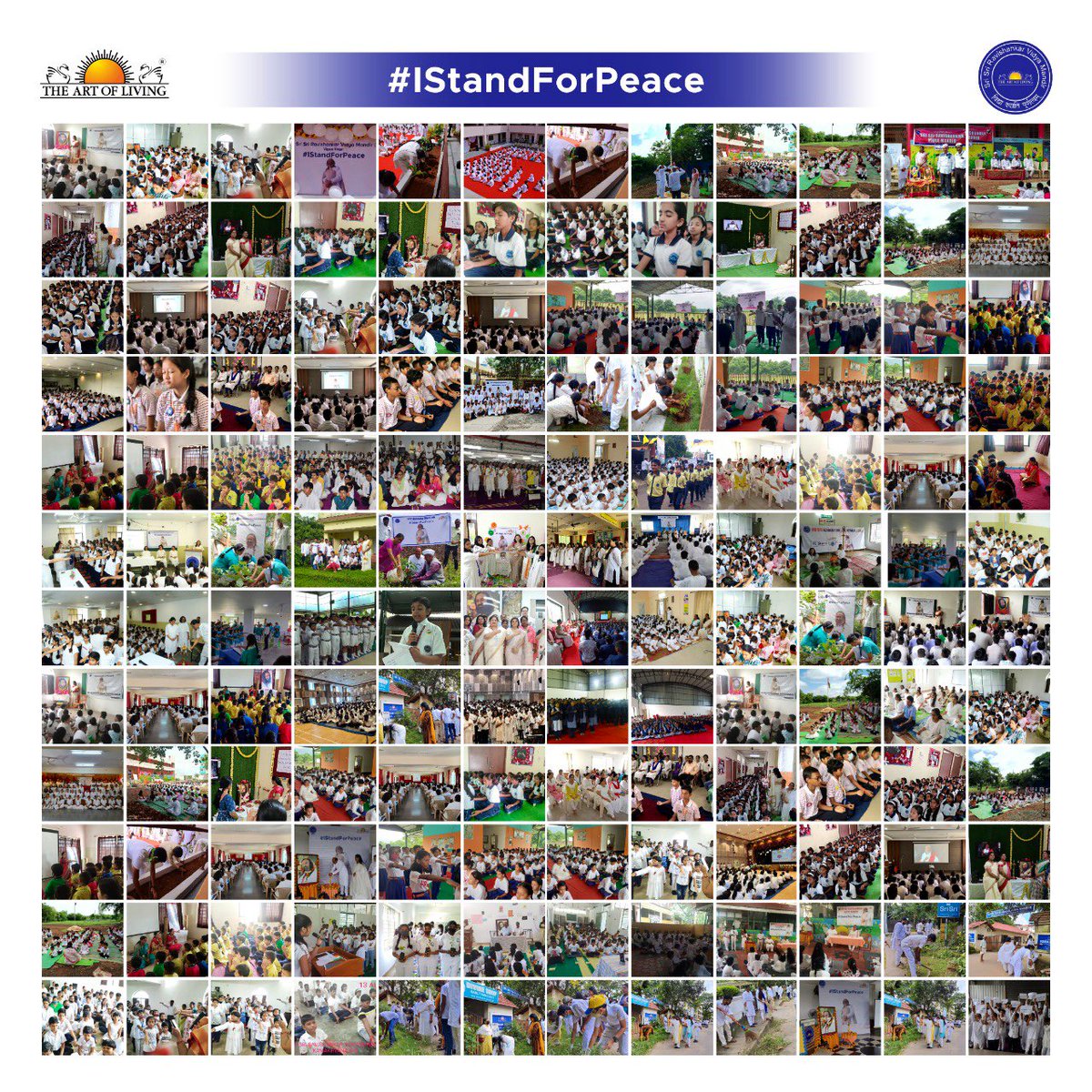Gurudev's tweet photo. As part of the #IStandForPeace campaign, over 100,000 students, faculty &amp; parents of our @ssrvm schools across India took a pledge to work towards a more peaceful world. https://t.co/4a0t8Wt6Xe