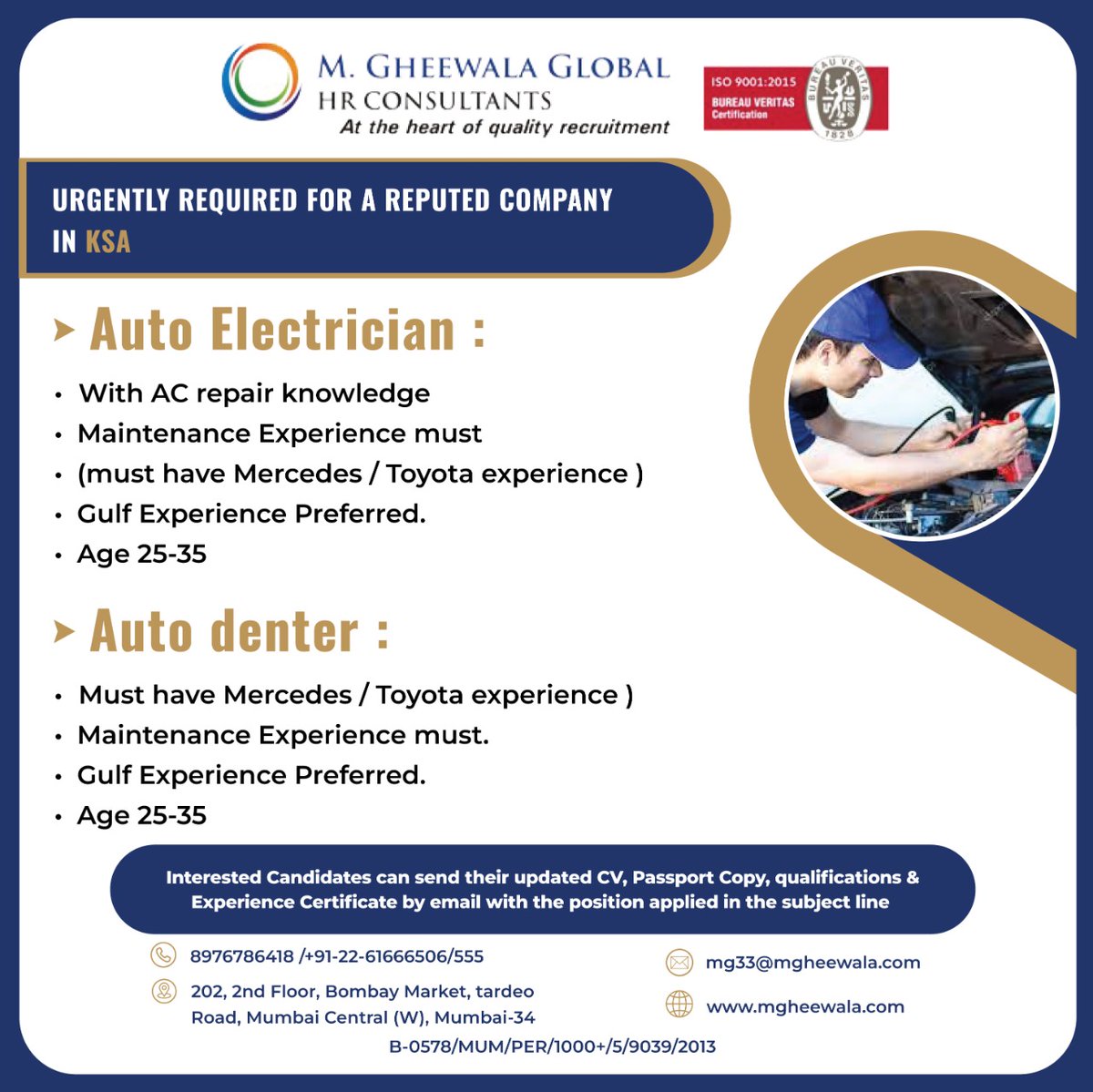 mgheewala_hrc's tweet photo. Job Vacancies for #SaudiArabia

Interested Candidates can send the updated resume to mg33@mgheewala.com

Learn More https://t.co/Ps4bxv2mB1

#electrician #autoacelectrcian #autoelectrician #electricaljob #denter #cardenter #dentingjob #autodenter #automobileindustry https://t.co/yd6xxMvFY4