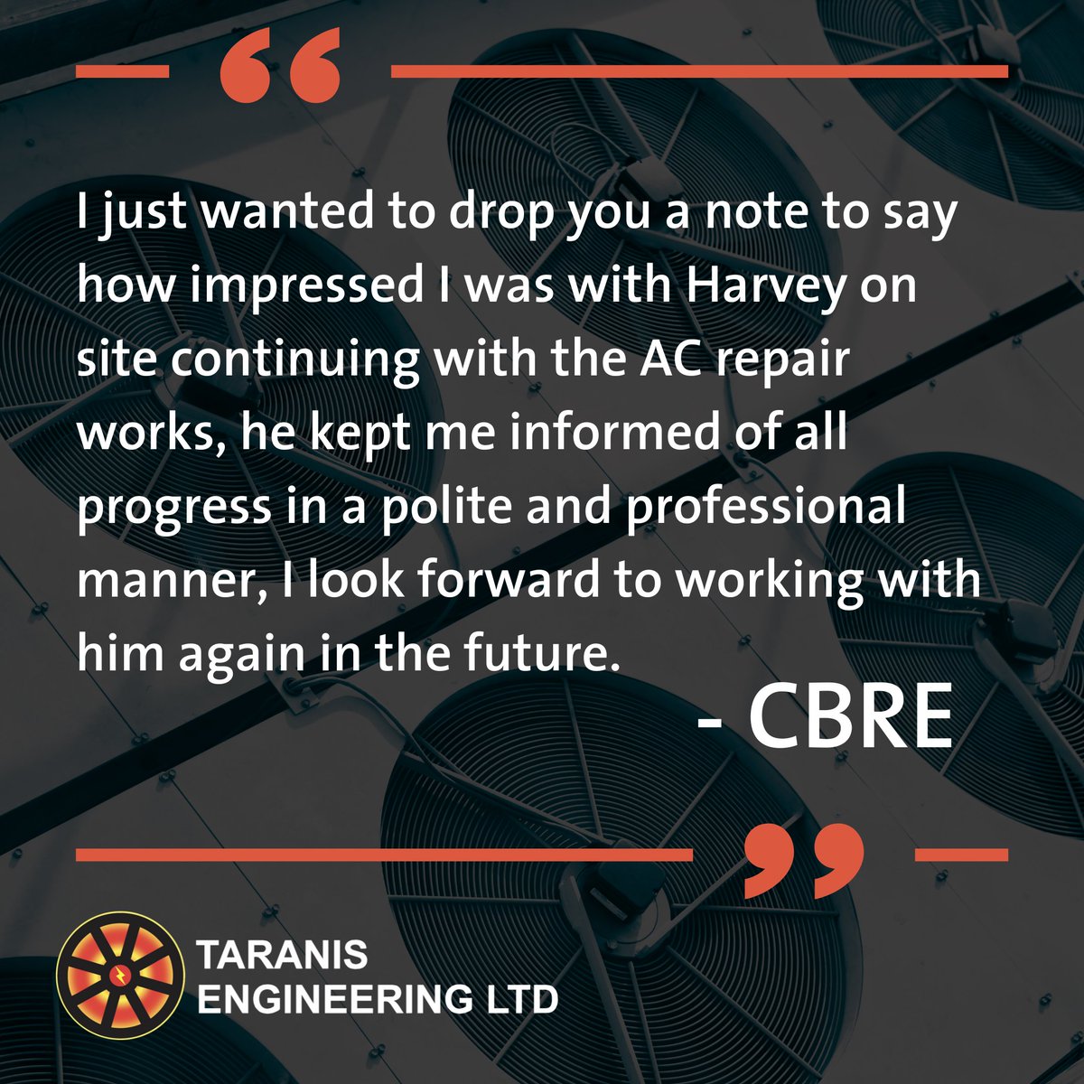 TaranisEng's tweet photo. Great feedback from our customer @CBRE_Bristol on work completed on-site by our engineers recently. 

Well done Harvey, keep it up! 

#taranisengineering #bristolengineering #cardiffengineering #engineering #hvac #engineer #feedback #bristol #cardiff https://t.co/v8rPWifwD7