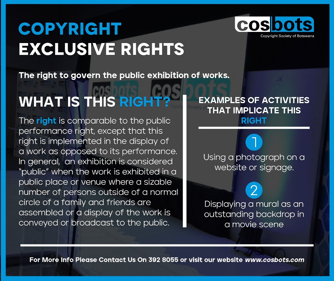 cosbots_bw's tweet photo. Do you want to know more about Copyright Exclusive Rights? Look no further, COSBOTS has got you covered.
For more information please call: 392 8055/ 77146222
#Cosbots
#WeEmpowerCreativity https://t.co/Px352gXmvf