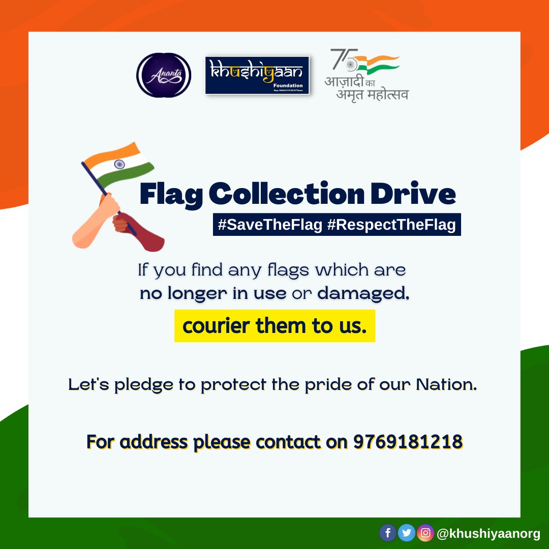 Khushiyaan_Org's tweet photo. FLAG COLLECTION DRIVE 🇮🇳
Let's take a pledge to protect the peace, diversity, harmony and unity of our great nation🤍
#India #indian #proudtobeindian #savetheflag #respecttheflag #independencedayindia #independenceday #flagcollection #flagcollectiondrive #75thindependenceday https://t.co/cm8FTZqjFD