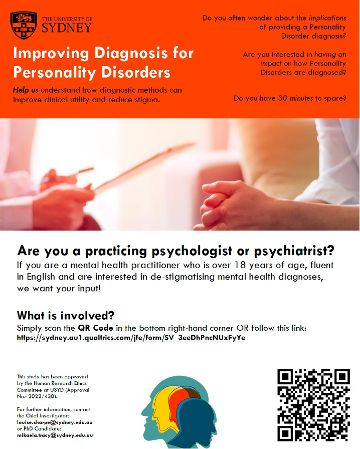 MikaelaTracy's tweet image. Are you a practicing #psychologist, #psychiatrist, or in your last two years of your #clinicaltraining? 

Interested in having an #impact on how #PersonalityDisorders are #diagnosed and reducing #mentalhealth #stigma? 

Take our 30-minute survey here: lnkd.in/gCPDnyVh