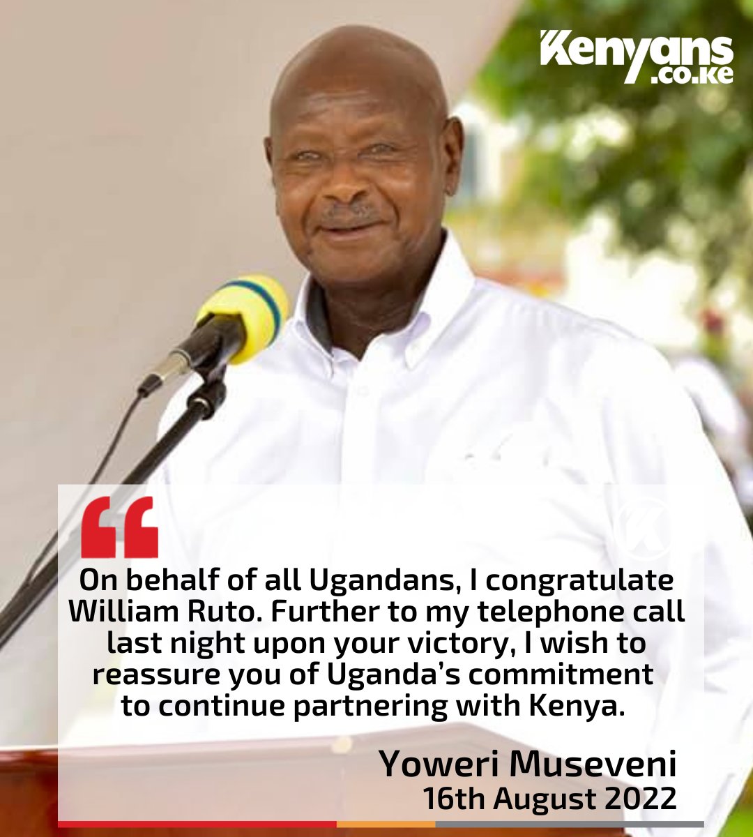 Kenyans's tweet photo. President Museveni reassures William Ruto of Uganda's partnership #KenyaDecides2022 https://t.co/glIZWP0lvu