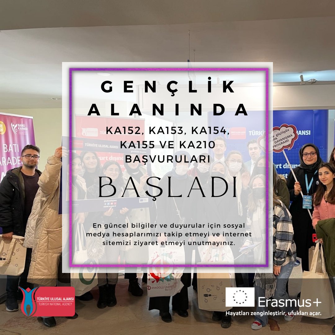 ulusalajans's tweet photo. 📌Erasmus+ Gençlik alanında başvuruları açılan projelere ve bu projelerin başvuru formlarına ulaşmak için ⬇️⬇️

🔗https://t.co/8HVYJjskdl https://t.co/XiILxx97mG