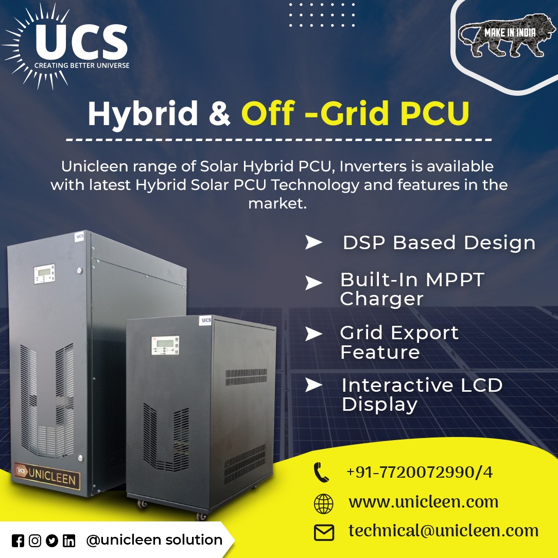 unicleen's tweet photo. Hybrid works as a Bi-directional inverter which means power will be exported into the grid or power will be imported from the Grid.
Call us: +91-7720072990/4
Mail Us: technical@unicleen.com
Visit our website: https://t.co/XQywMyToC5
#SolarPCU #unicleen #solarinverter #hybridpcu https://t.co/l83TR7wjzq