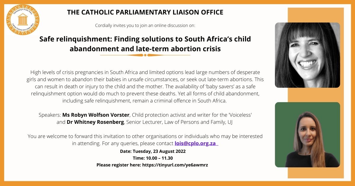 Join our discussion with 'baby savers’ <a href="/RWolfsonvorster/">Robyn WolfsonVorster</a>  &amp; Dr Whitney Rosenberg as they discuss finding solutions to South Africa's child abandonment &amp; late-term abortion crises. <a href="/BabySaversSA/">Baby Savers SA</a> @Law_UJ 
Register here tinyurl.com/ye6awmrz