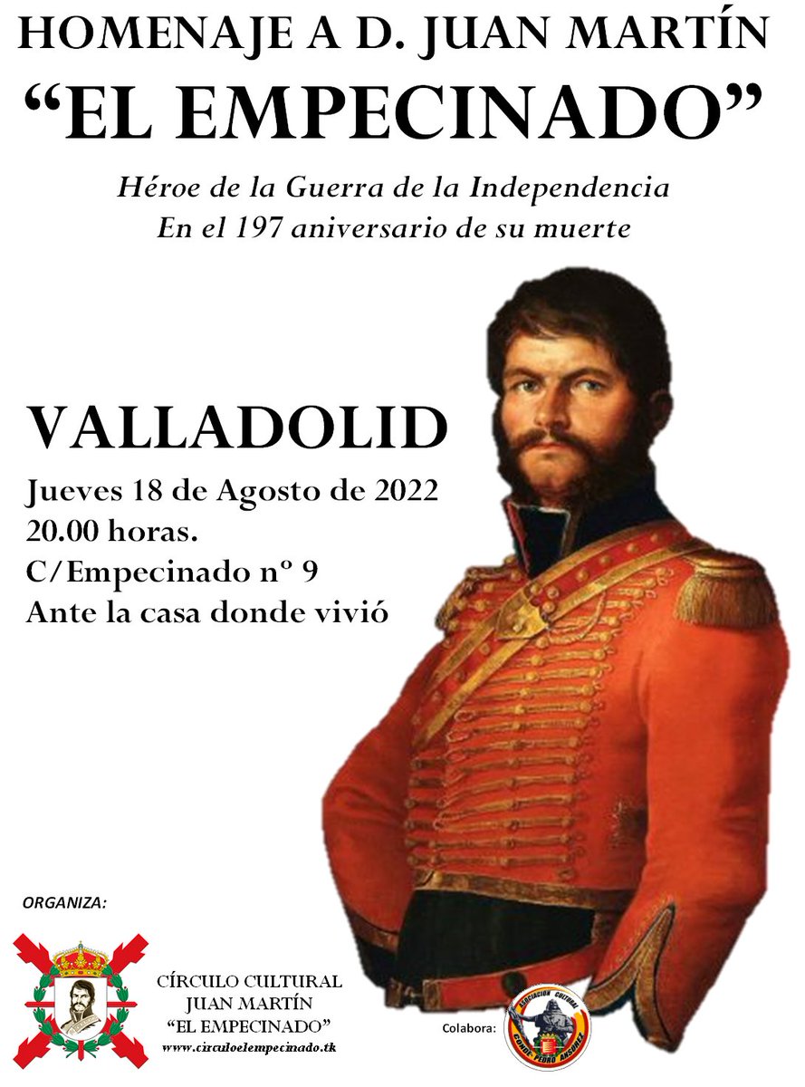 📢¡Buenos días! y esta semana desde #Valladolid📍

Así, este jueves 18📅, a las 20.00 h🕖se ha convocado una reunión en el número 9 de la calle #Empecinado, ante la casa🏡 donde vivió, donde se realizará un #homenaje y una ofrenda floral💐, en el 196 #aniversario de su muerte.