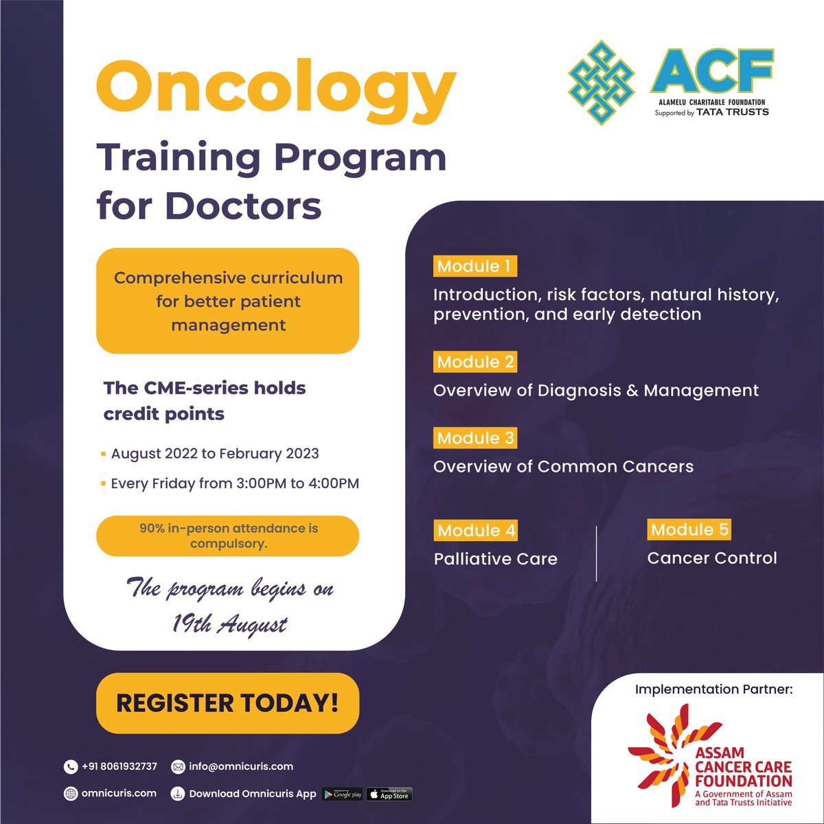 omnicuris's tweet photo. Assam Cancer Care Foundation, an initiative of the Government of Assam and #TataTrusts, will be introducing the '#oncology #training Program’ #CME-Series in #Assam.
Streamed live on August 19th from 3:00 to 4:00 p.m. (IST)
Register Now: https://t.co/aRplp5tUpx
#ACCF #ACF #doctor https://t.co/dt95S3ITdi