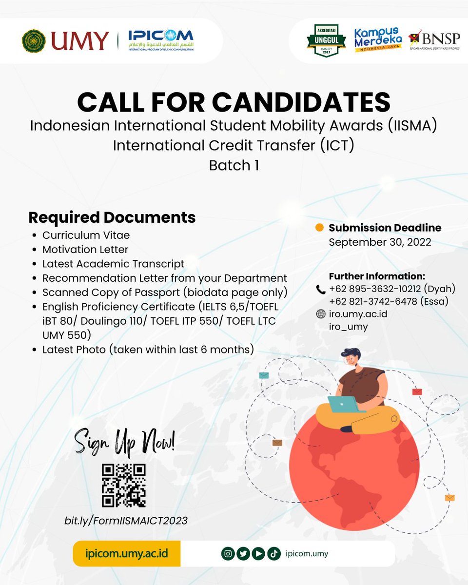 ipicom_u's tweet photo. Call for Candidates!
Indonesian International Student Mobility Award & International Credit Transfer 2023
Please complete your online application form at https://t.co/mwPYyMQxbt
#ipicom #kpiumy #exchange #International #class #UMYJogja #mahasiswa https://t.co/6Xy1hNm04O