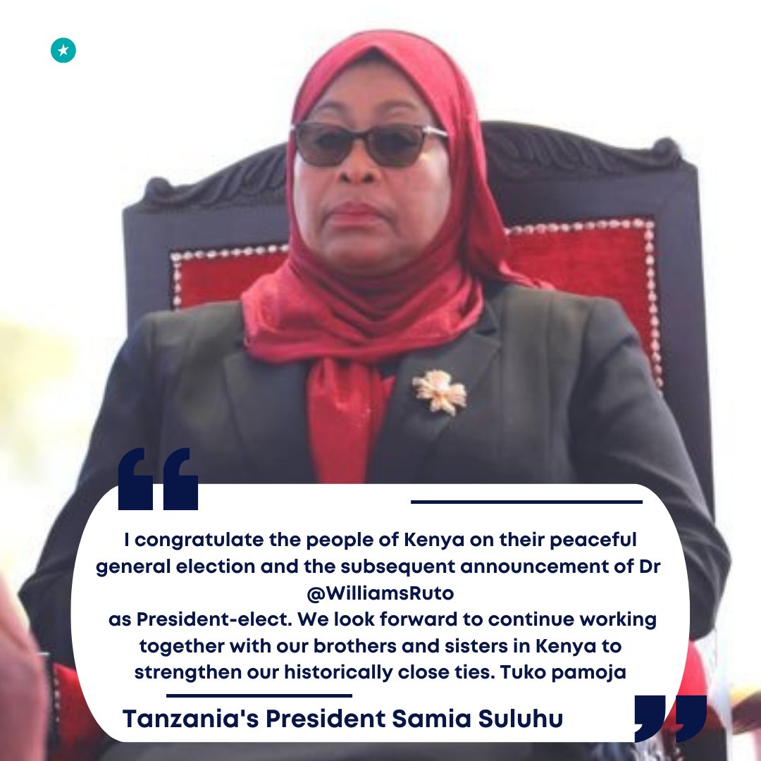 TheStarKenya's tweet photo. Tanzania's Samia Suluhu congratulates President-elect William Ruto 
 
"We look forward to continue working together with our brothers and sisters in Kenya to strengthen our historically close ties. Tuko pamoja." https://t.co/XCgV4DXJL4