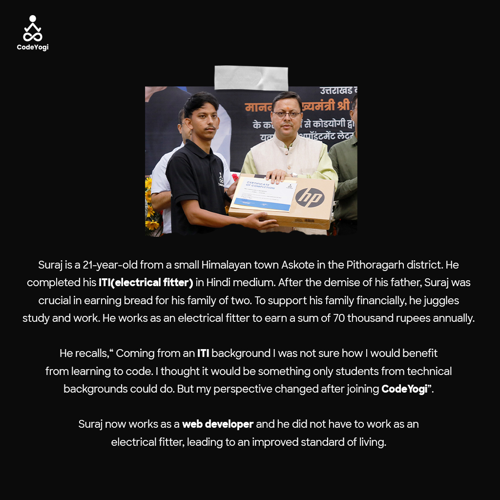 TheCodeYogi_'s tweet photo. "I had not imagined pursuing a career in the programming field, and getting a white collar job"
This is the story of Suraj Lunthi

Follow us for more!

#CodeYogi #StriveForExcellence #MeetTheCodeYogis #coding #programming #freecourse #onlinecourse #learntocode https://t.co/Xh89CJ9dUY