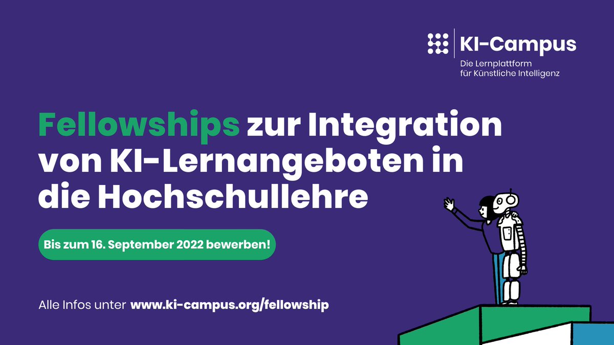 Hochschullehrende aufgepasst: Wir verlängern die Bewerbungsfrist für unser #Fellowship-Programm! 

Alle Fächer &amp; Lehrveranstaltungen jeder Größe sind willkommen. 🚀

Jetzt bewerben &amp; #KI in die #Hochschullehre integrieren!
➡️ki-campus.org/fellowship

#KICampus #TwitterCampus #OER