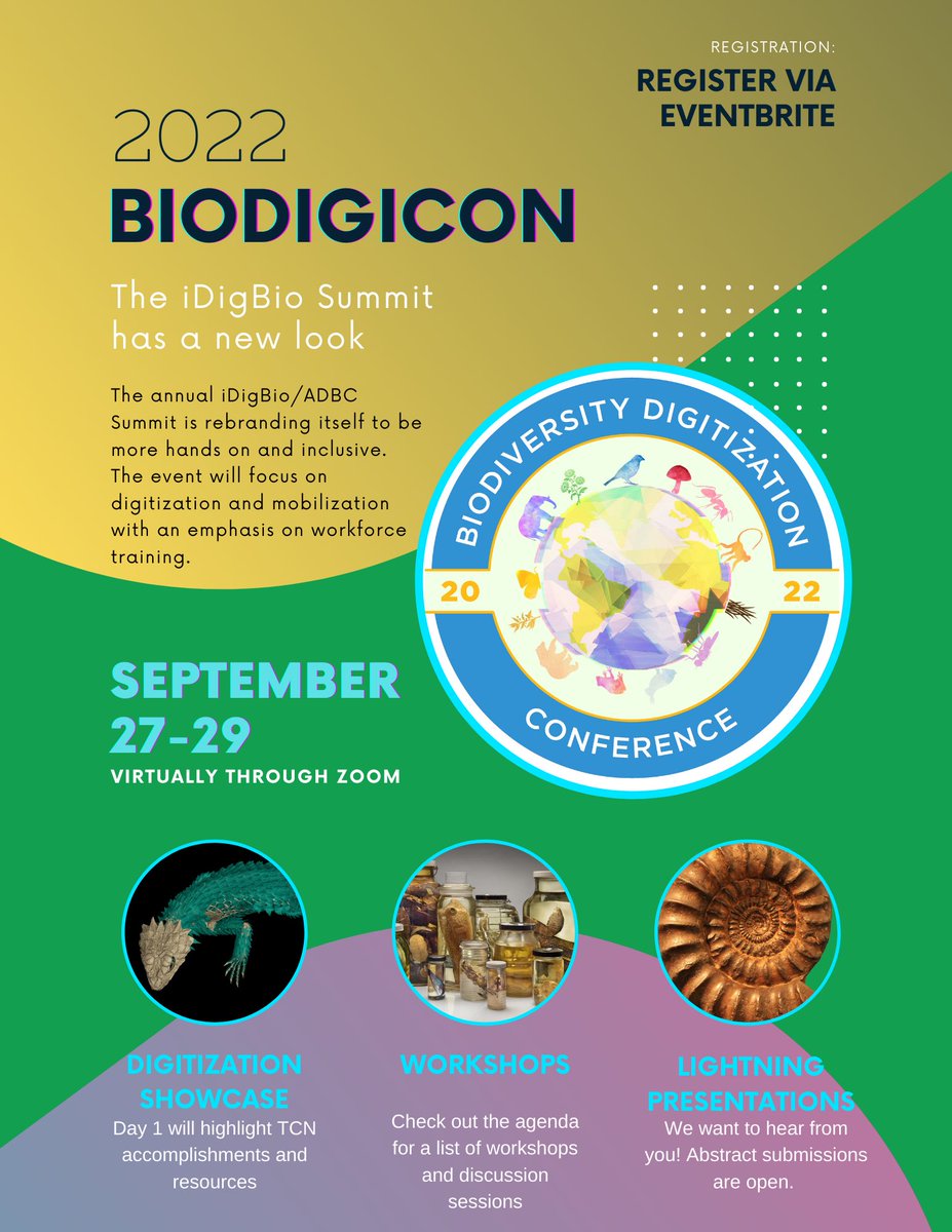 Interested in - data quality issues and solutions, - collections and data management systems, - digitization tools and techniques? This and much more at BioDigiCon 2022 , a 🆓 virtual conference organized by @iDigBio, held 27-29 September 2022. 👀✍️➡️ idigbio.org/content/biodig…