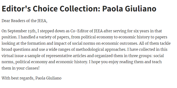 ImranRasul3's tweet photo. New virtual issue of @JEEA_News published. Curated by former editor Paola Giuliano. Papers on social norms, political economy and economic history. All papers with teaching materials, and free access to all featured papers. Ideal for courses for the fall!
https://t.co/3S7vS09cC4 https://t.co/rr1EaNNOSh