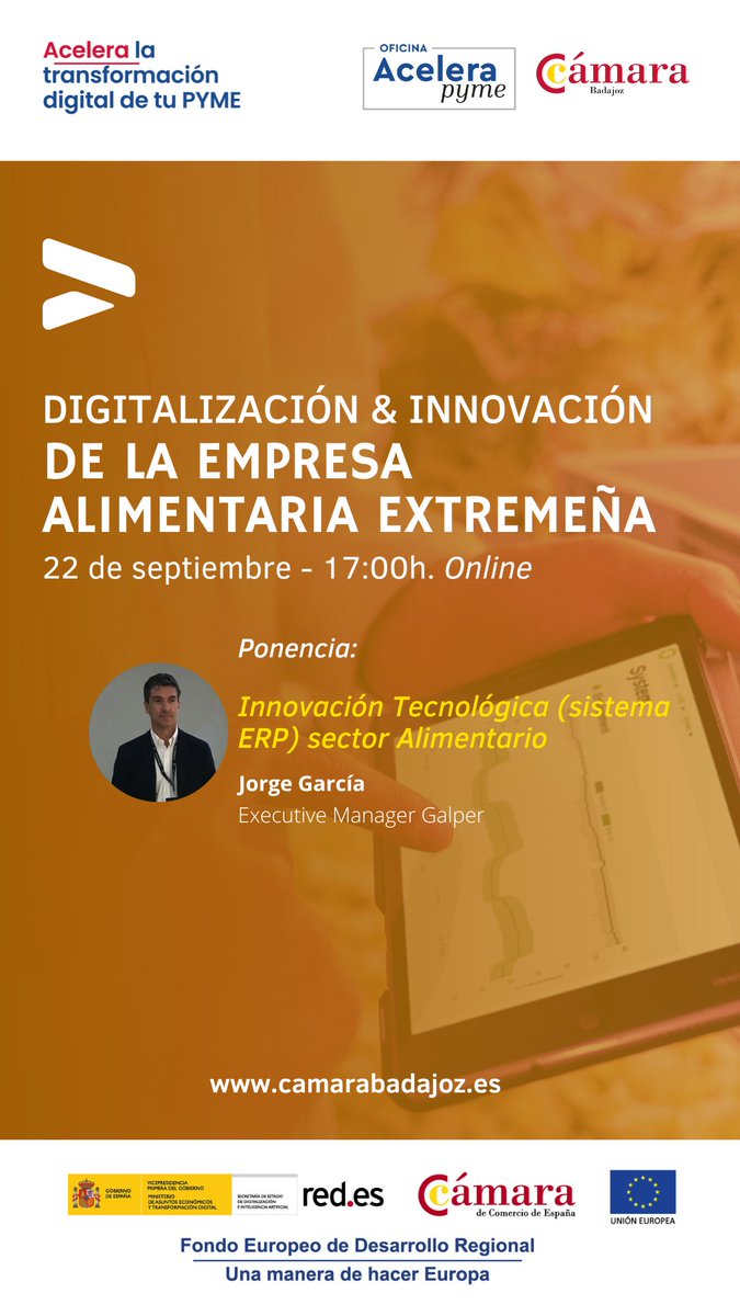 CamaradeBadajoz's tweet photo. 👀 Interesantes ponencias en el webinar #Acelerapyme sobre DIGITALIZACIÓN & INNOVACIÓN DE LA EMPRESA ALIMENTARIA EXTREMEÑA
✅ Innovación Tecnológica (sistema ERP) sector Alimentario
ℹ https://t.co/PYsEHgwmI4
#Galper @redpuntoes @camarascomercio @_minecogob https://t.co/rftZmWflGL
