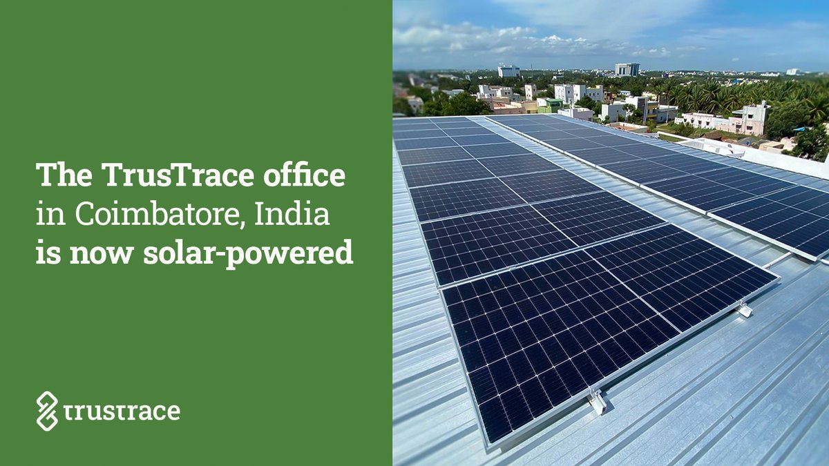 TrusTrace's tweet photo. The TrusTrace office in Coimbatore, India is now powered with the sun ☀️!
We installed a 10KVA solar panel system on top of our Coimbatore office. This enables us to run all our office operations on renewable power.
#trustrace #sustainability #supplychaintransparency https://t.co/qy1y0LG1tl