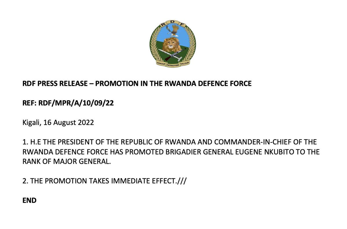 RwandaMoD's tweet photo. RDF PRESS RELEASE – PROMOTION IN THE RWANDA DEFENCE FORCE https://t.co/wFCZir1Sma https://t.co/VhhGRWWHJd