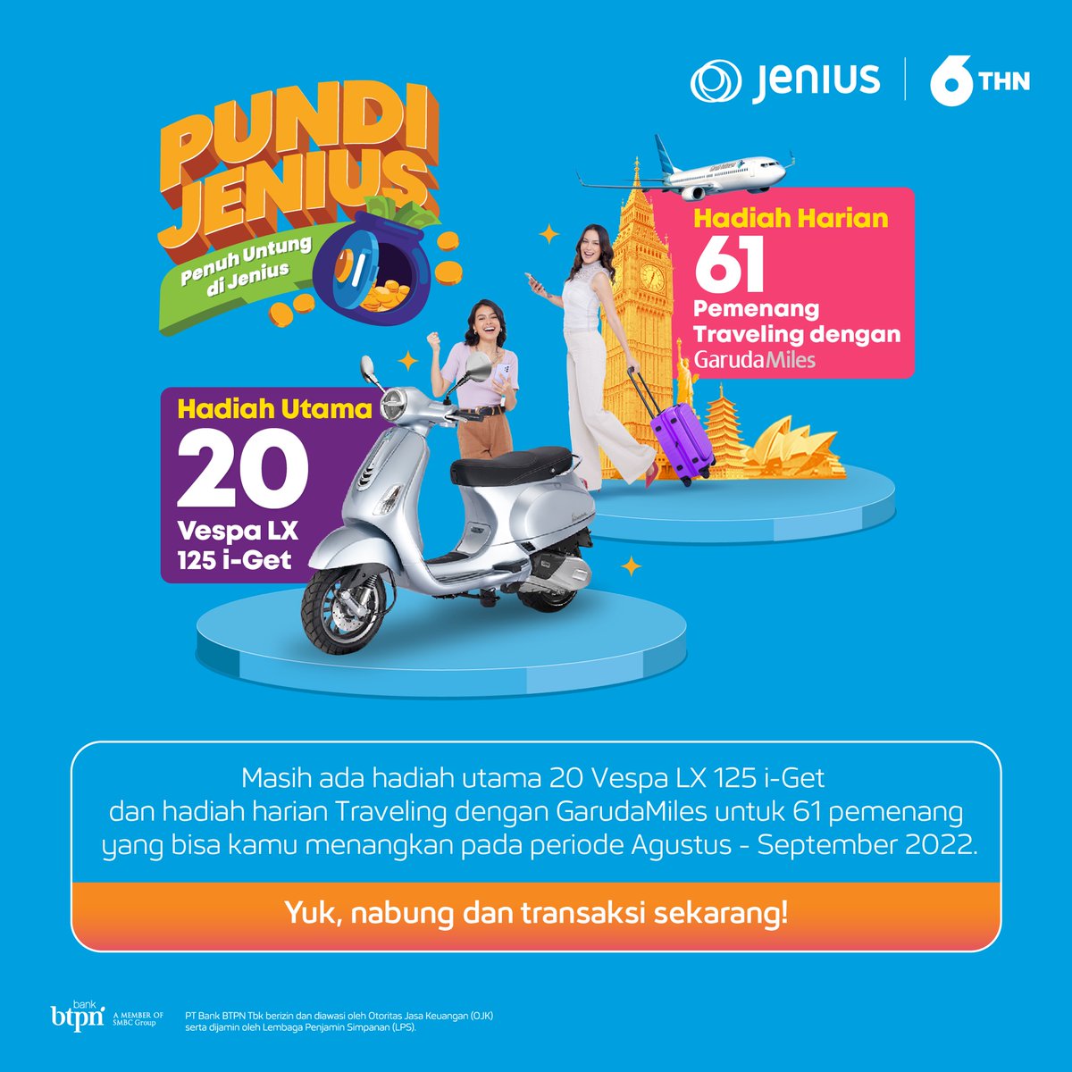 JeniusConnect's tweet photo. Selamat kepada para pemenang harian #PUNDIJenius periode 1-31 Juli 2022! 🎉

Buat kamu yang belum berkesempatan menang, yuk terus tingkatkan saldo rata-ratamu untuk menangkan GarudaMiles atau hadiah utama Vespa LX125 i-Get. 😉

Cek info lengkapnya di https://t.co/iseUHzYDsG! https://t.co/VUSNZ7xhWL