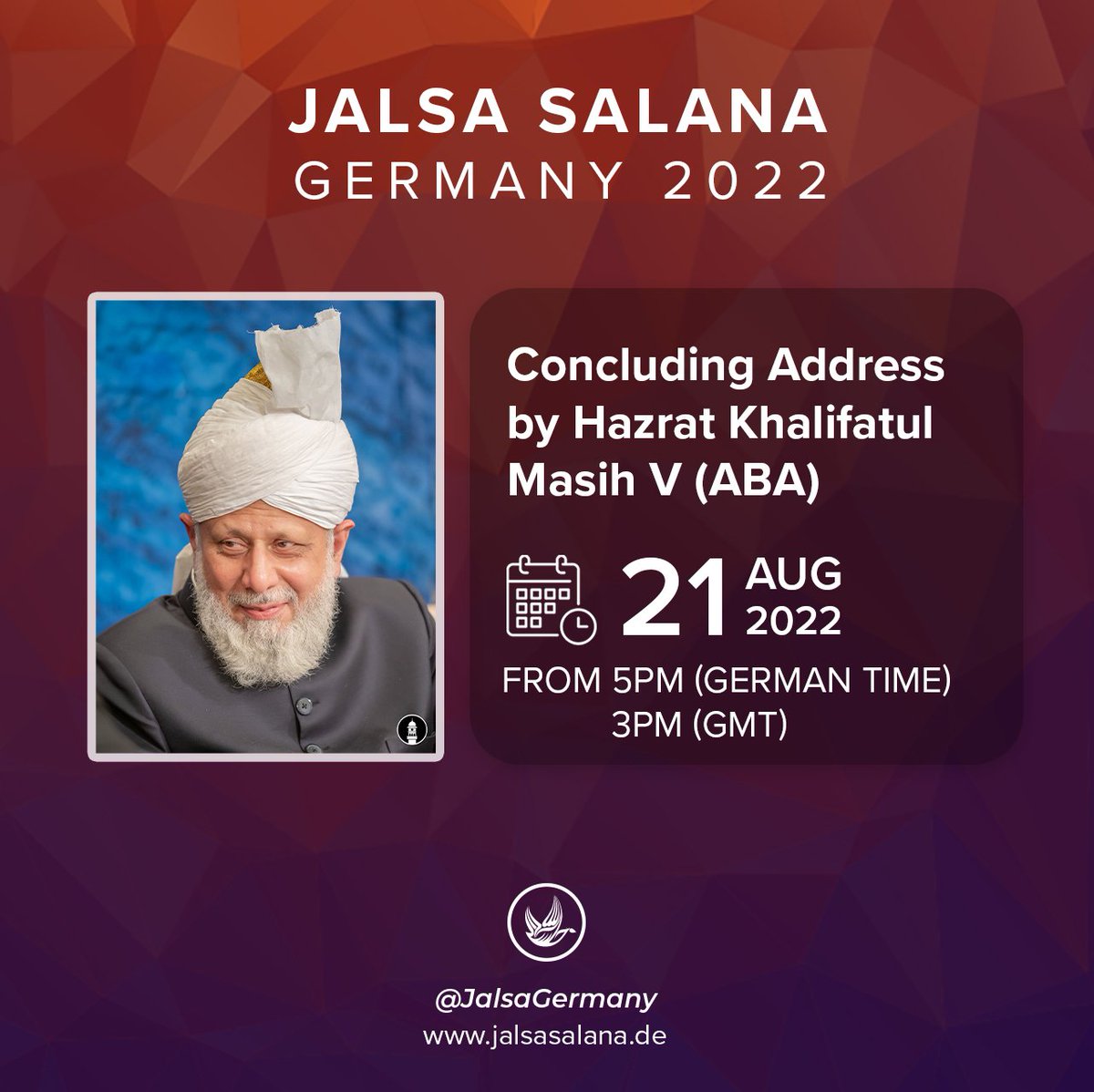 JalsaGermany's tweet photo. Don't miss out on the highlight of #JalsaGermany 2022, the keynote address at the concluding session by Hazrat Khalifatul Masih V (ABA) LIVE from Islamabad, UK, on MTA. https://t.co/xmWTg4ACgb