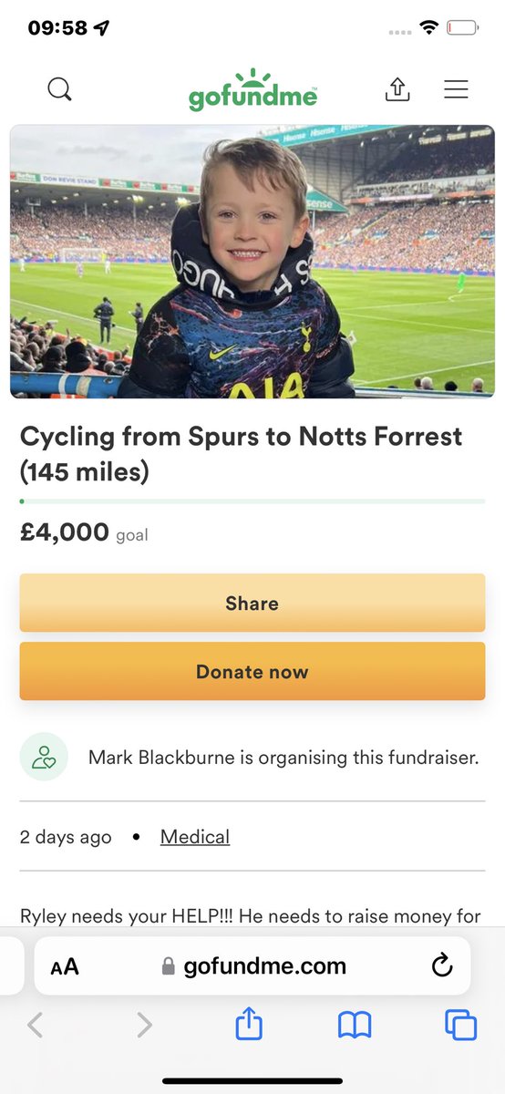 Sarahkeys78's tweet photo. Long shot I know but @K22EYS is attempting a cycle ride from @SpursOfficial to @NFFC (145 miles) for #ryleysdreamtowalk &amp; didn’t have enough points to get tickets for the game 😩 If anyone can help in any way please get in touch🤞🙏 🚴‍♂️Thank you so much 💙 #COYS https://t.co/MuJipfZvJS