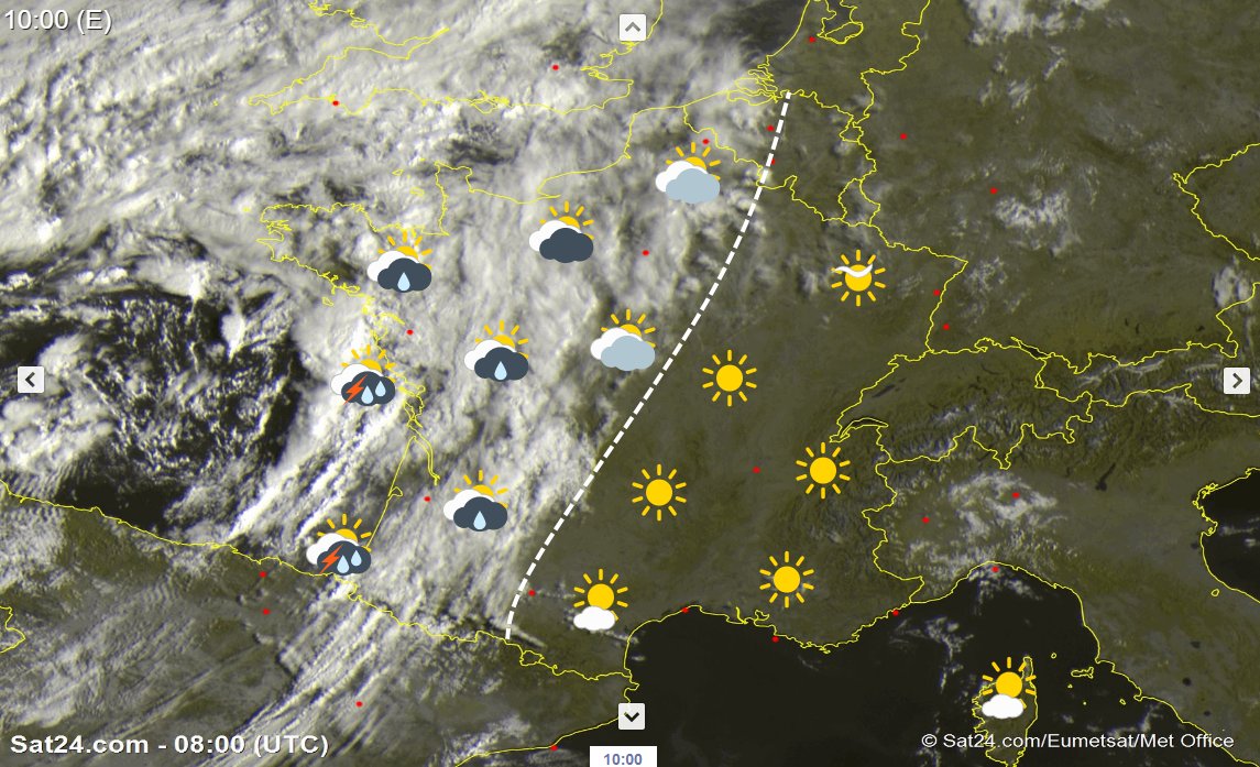 Meteovilles's tweet photo. 🌦 Un talweg s'étire actuellement de la Mer de Norvège au golfe de Gascogne. Il coupe la France en deux avec des nuages et des averses à l'ouest (orageuses vers l'océan) mais un temps sec et ensoleillé à l'est. ☀ (carte Sat24) https://t.co/SyGbBM7vJR