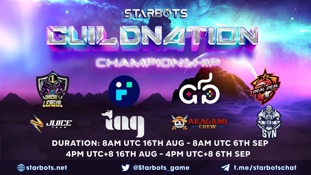 Starbots_game's tweet photo. [#STARBOTS TOURNAMENT]

WELCOME TO GUILDNATION CHAMPIONSHIP

Give it up to @goodgamesguild @realdealguild @impossible_ @JuiceGamingTeam, Synthesis,@TailsAfterGlow ,@Dhreansleague, @AkagamiNxShanks - the racers in Starbots Tournament

Who is gonna be the GUILD KING? 

#Solana https://t.co/yBo5RSU6Pn